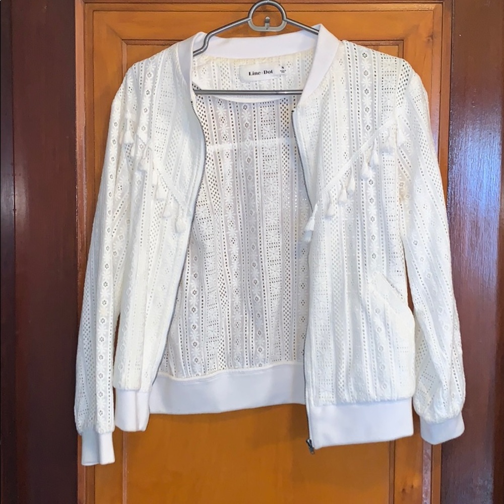 Line + dot crochet jacket with fringe detail
